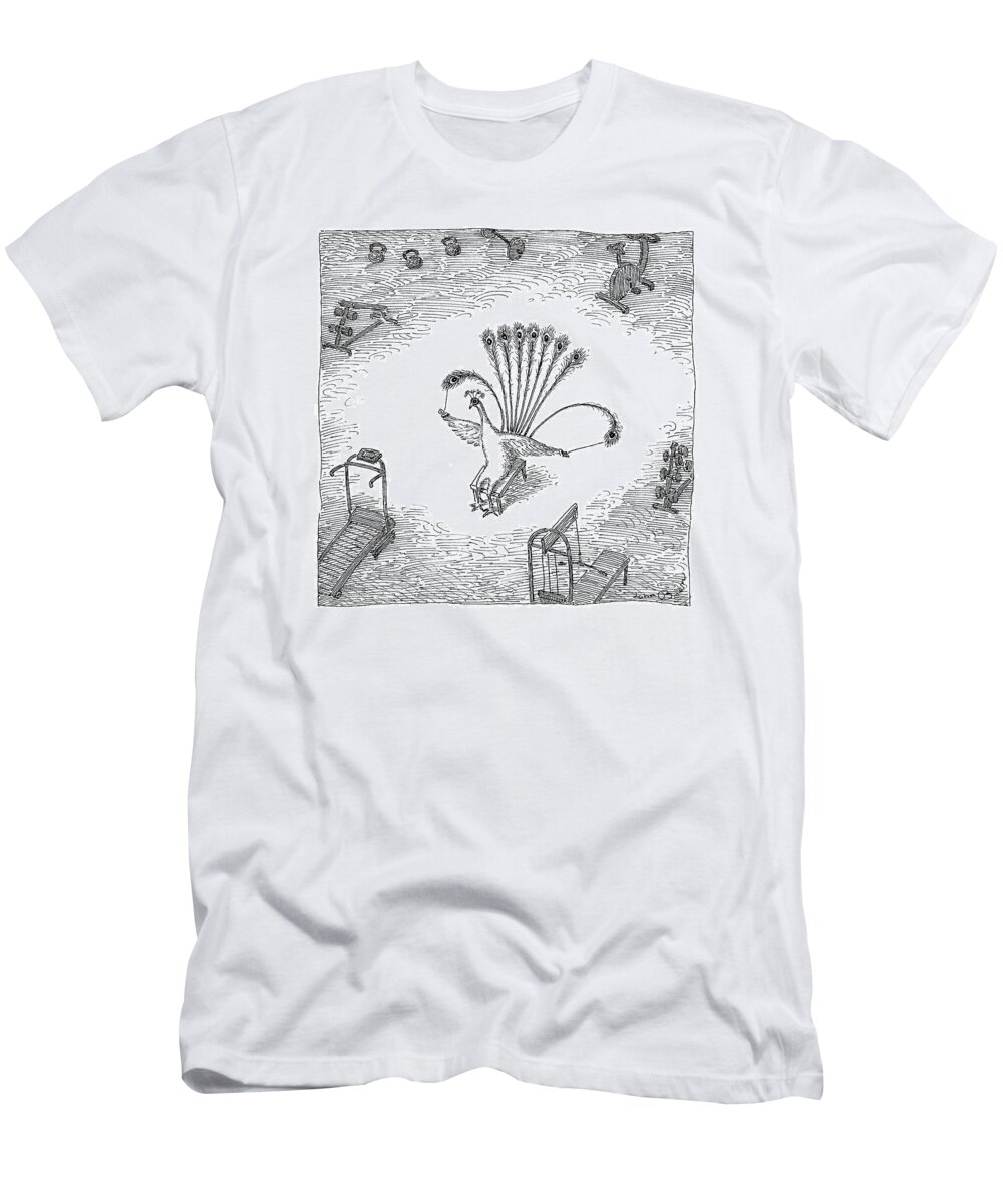 Gym T-Shirt featuring the drawing A Peacock In A Weight Room Uses Its Feathers by John O'Brien