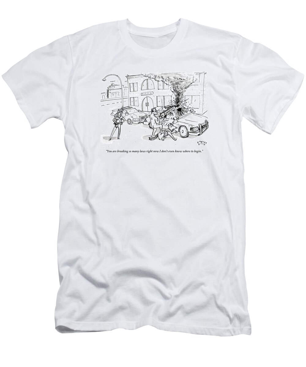 Naked T-Shirt featuring the drawing A Policewoman To A Naked Man by Farley Katz