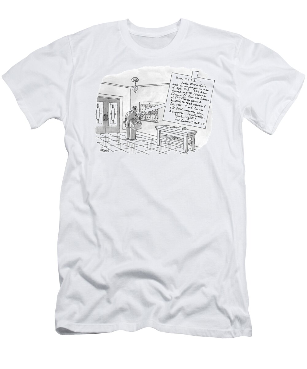 Post Office T-Shirt featuring the drawing A Postman Reads A Letter Left by Jack Ziegler