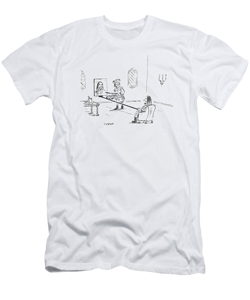 Selfie T-Shirt featuring the drawing A Renaissance Noble Holds Out A Canvas On A Long by David Sipress