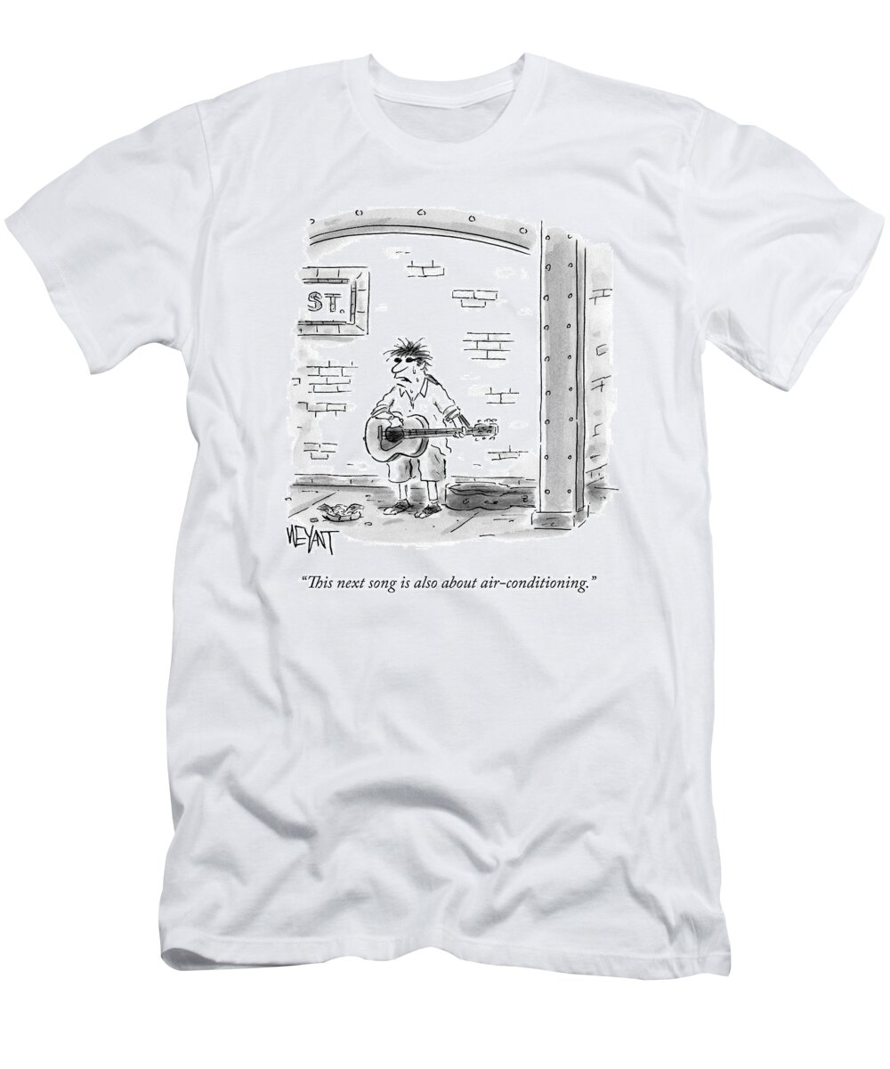 Subway T-Shirt featuring the drawing A Sweaty Man Performs With A Guitar On A Subway by Christopher Weyant
