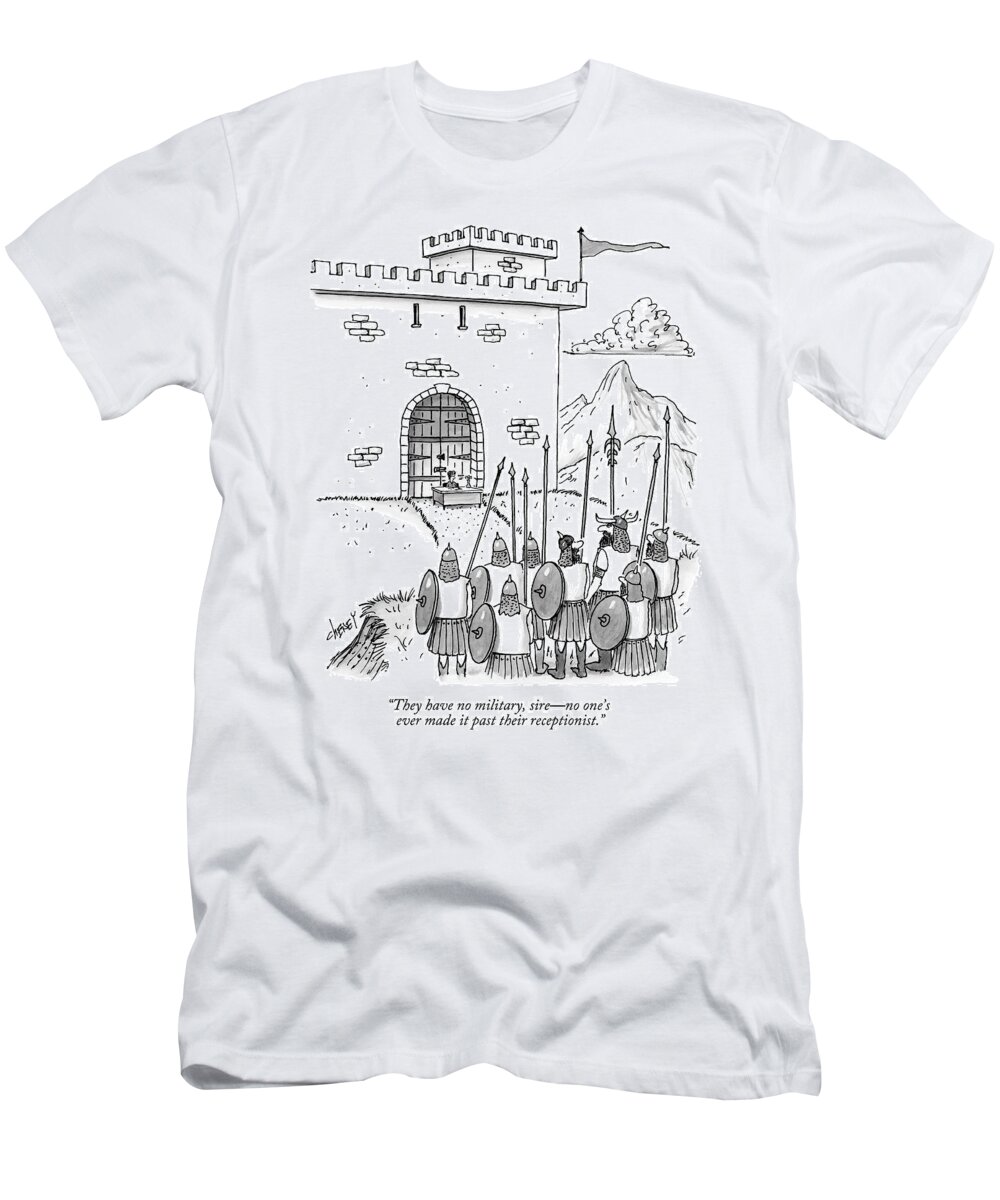 Castle T-Shirt featuring the drawing A Viking Army Stands Before A Castle Gate Where by Tom Cheney