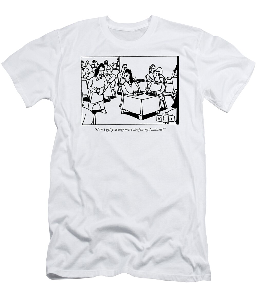 Couple T-Shirt featuring the drawing A Waitress In A Crowded Restaurant Addresses by Bruce Eric Kaplan