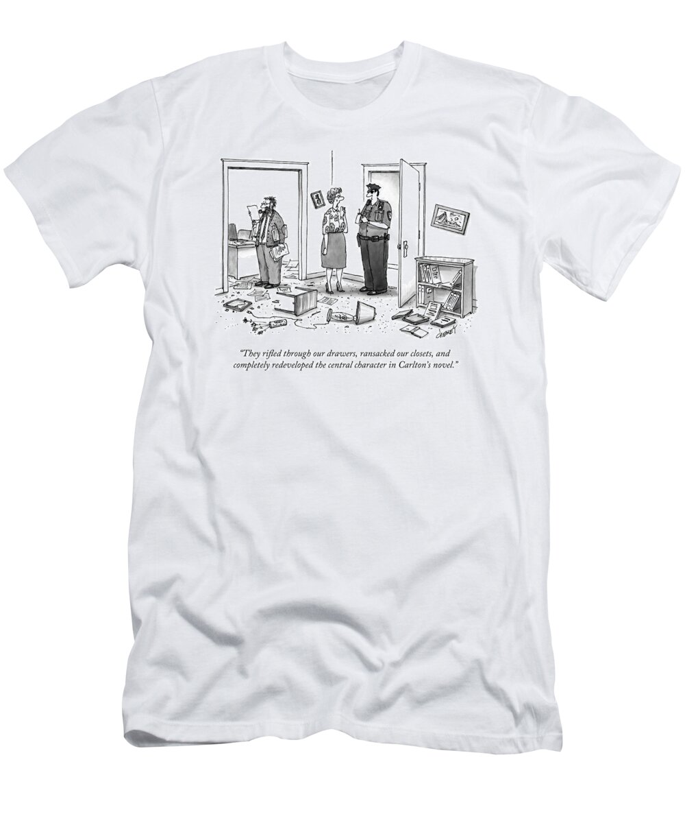 Burglary T-Shirt featuring the drawing A Wife Talking To A Policeman In A Destroyed by Tom Cheney