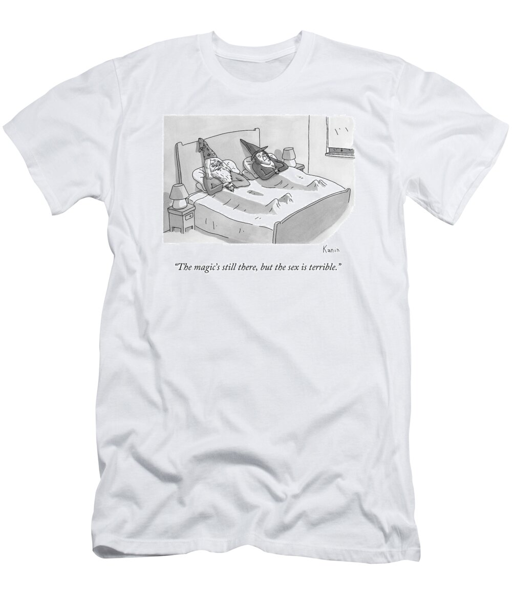 Wizard T-Shirt featuring the drawing A Wizard And A Witch Lay In Bed Together by Zachary Kanin