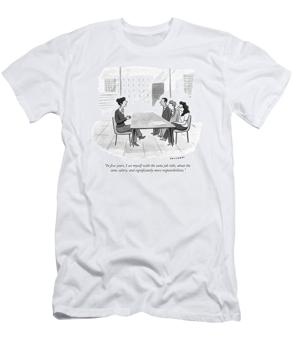 Interview T-Shirt featuring the drawing A Woman At A Job Interview by Drew Panckeri