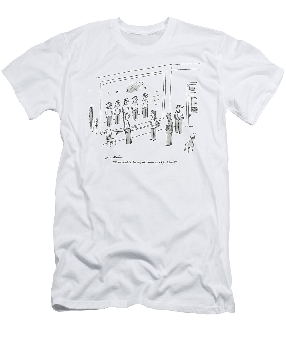 Police Headquarters T-Shirt featuring the drawing A Woman Is On One Side Of A Police Line Up. Four by Michael Maslin