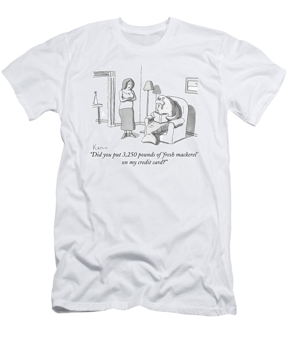 Walrus T-Shirt featuring the drawing A Woman Is Seen Standing Next To A Walrus Who by Zachary Kanin