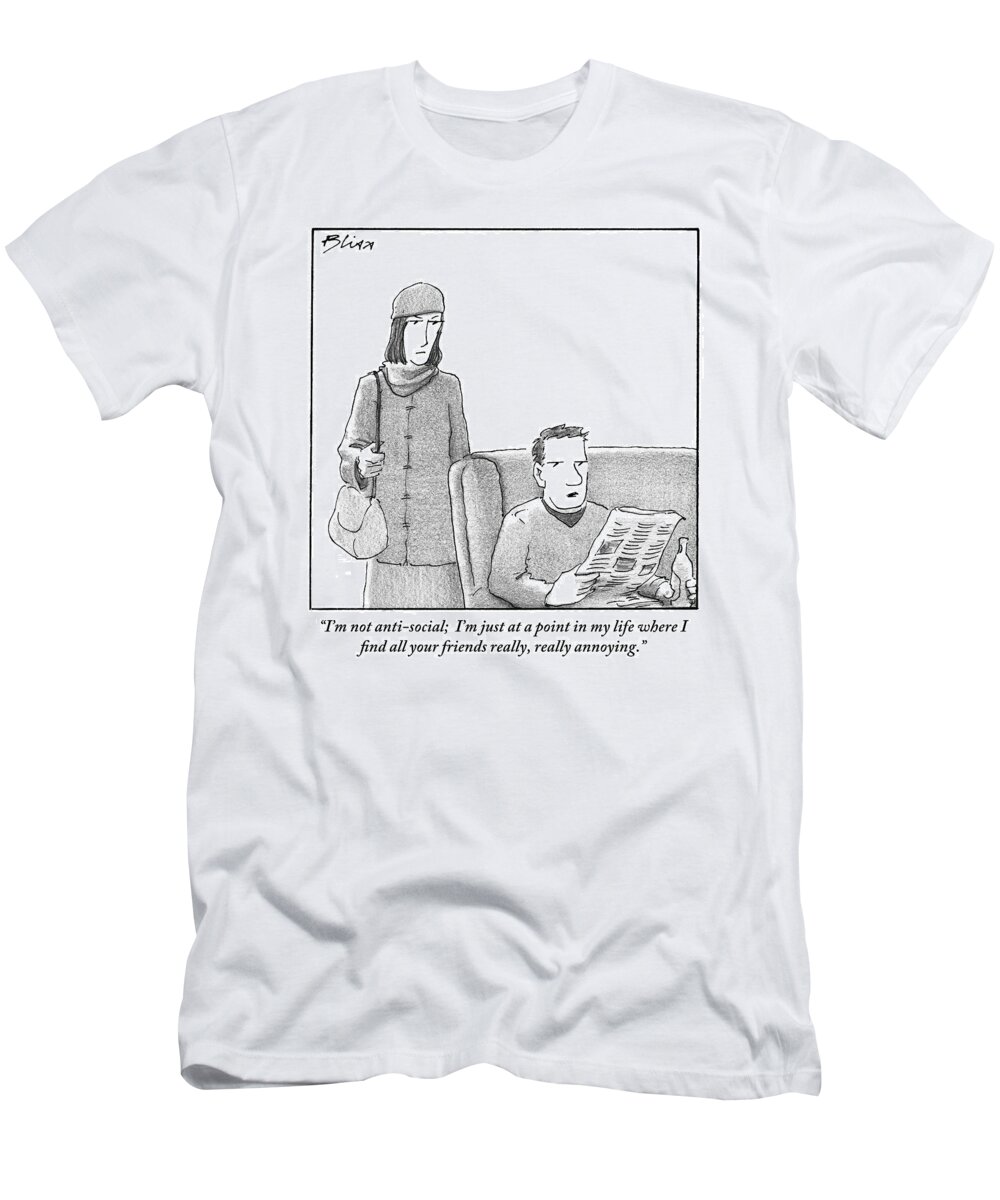 Couples. Argue T-Shirt featuring the drawing A Woman Is Standing And Dressed To Go Outdoors by Harry Bliss