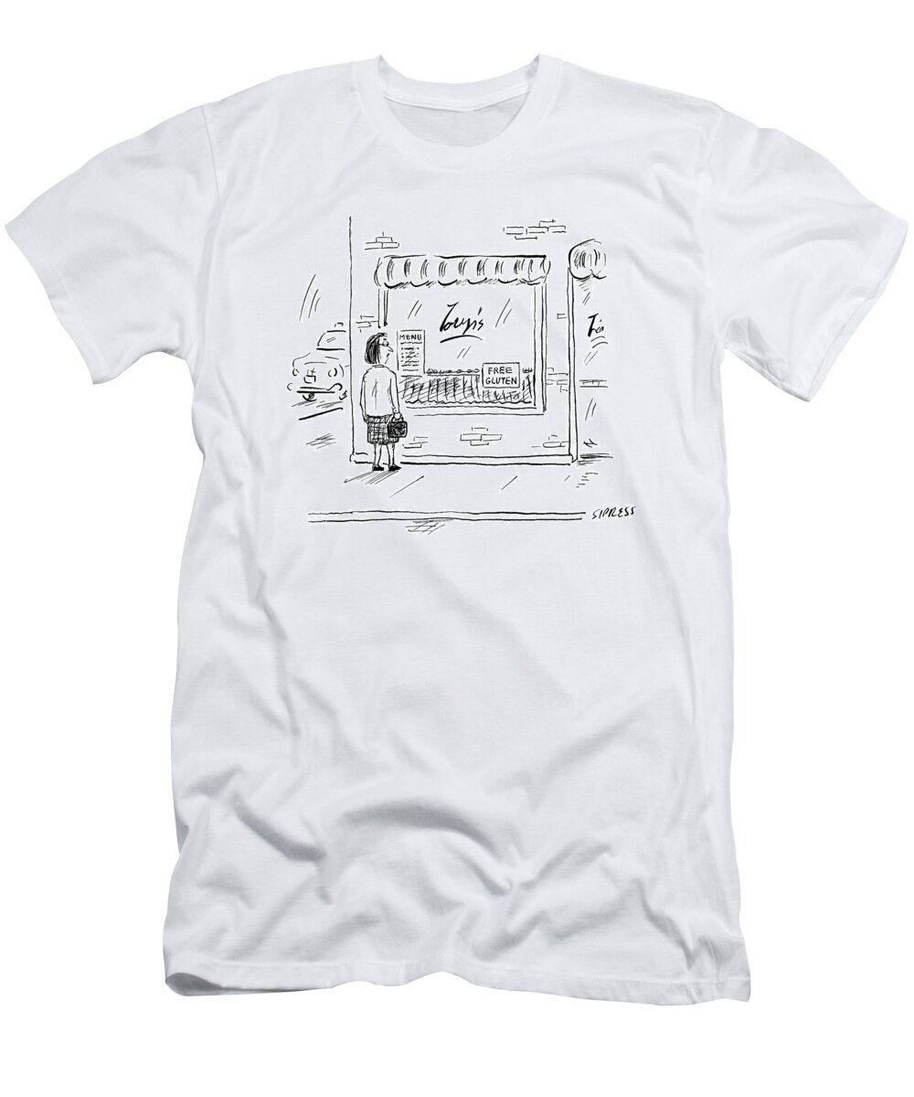 Gluten T-Shirt featuring the drawing A Woman Looks Into A Restaurant Window That by David Sipress
