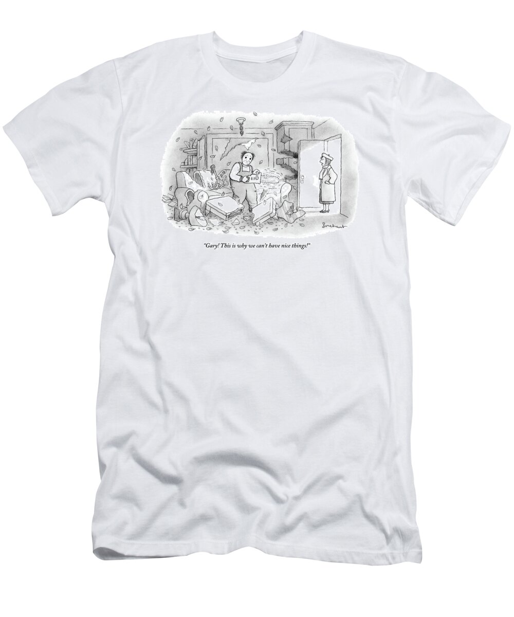 Husbands T-Shirt featuring the drawing A Woman Stands In The Doorway Of A Demolished by David Borchart