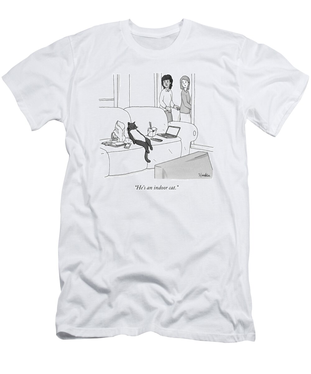 Pet T-Shirt featuring the drawing He's an Indoor Cat by Charlie Hankin