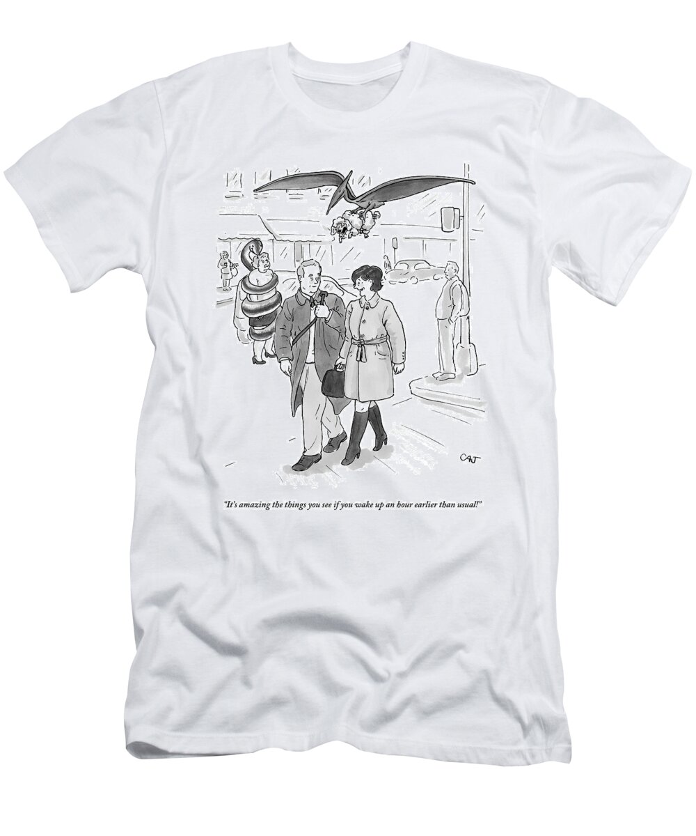 Dinosaur T-Shirt featuring the drawing A Woman Talks To A Man As A Dinosaur And A Snake by Carolita Johnson