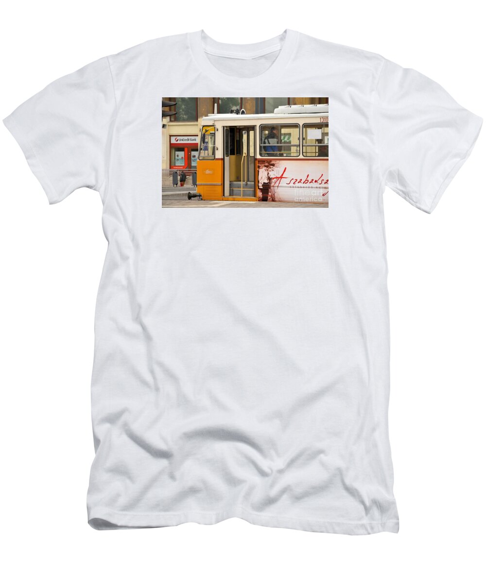 Tram T-Shirt featuring the photograph A yellow tram on the streets of Budapest Hungary by Imran Ahmed