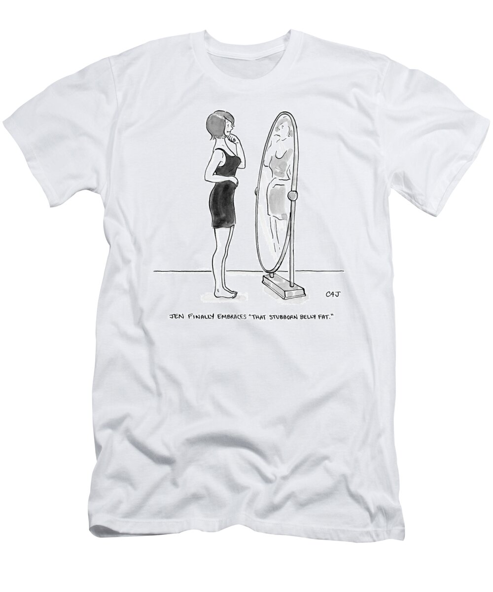 Mirror T-Shirt featuring the drawing A Young Woman Stands Facing A Full-length Mirror by Carolita Johnson
