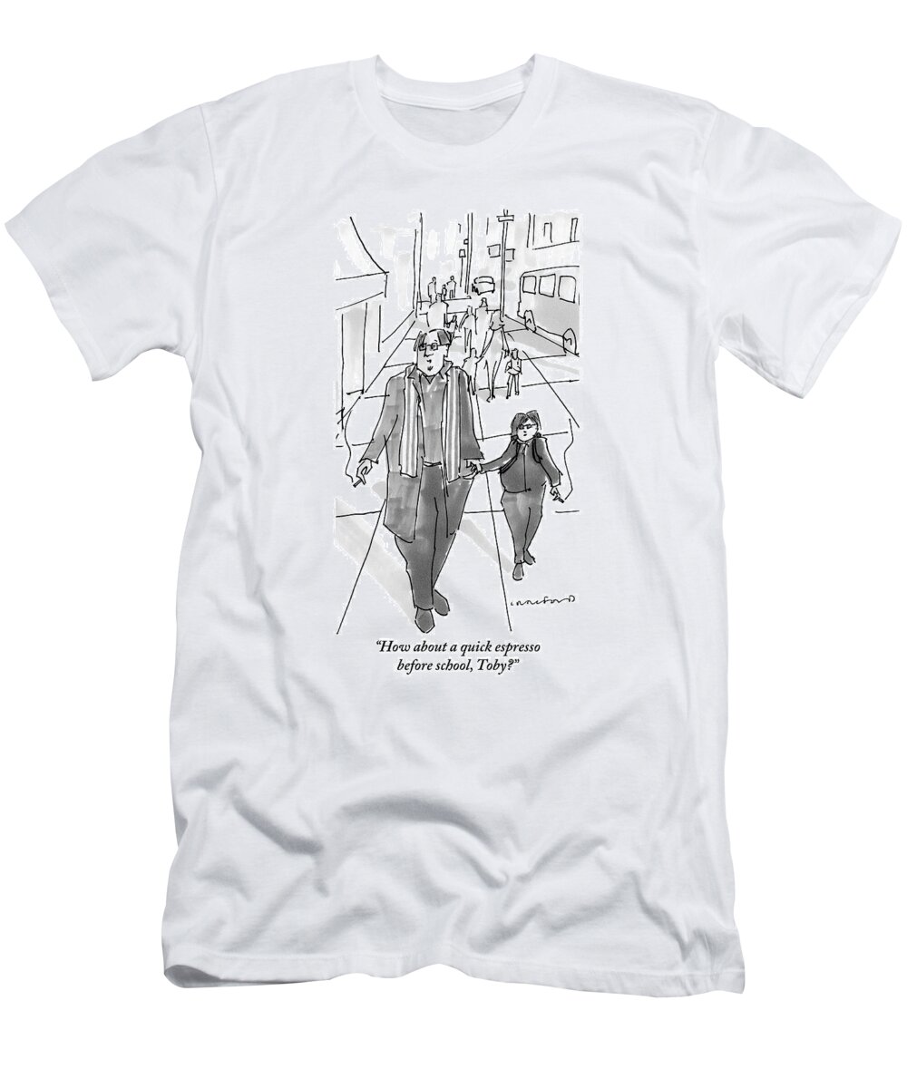 Yuppies T-Shirt featuring the drawing A Yuppie Father And Son Walk Hand In Hand Smoking by Michael Crawford