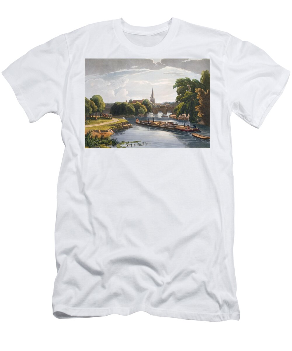 Barge T-Shirt featuring the drawing Abingdon Bridge And Church, Engraved by William Havell