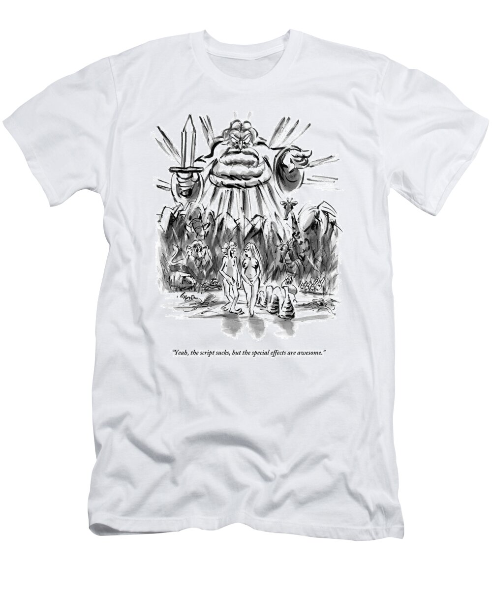 Adam And Eve T-Shirt featuring the drawing Adam And Eve Are Seen Walking In The Garden by Lee Lorenz