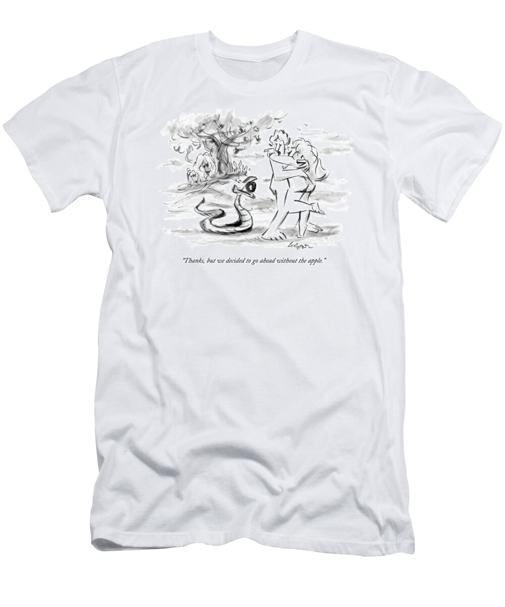 Adam And Eve T-Shirt featuring the drawing Adam And Eve Embrace In The Garden Of Eden by Lee Lorenz