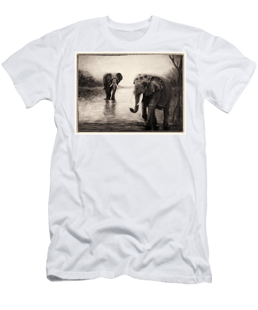 African Elephants T-Shirt featuring the painting African Elephants at Sunset by Sher Nasser
