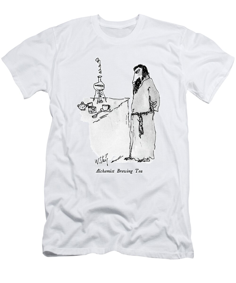 Alchemist Brewing Tea

Alchemist Brewing Tea: Title. An Alchemist Watches A Flask Over A Candle Boil. 
Chemistry T-Shirt featuring the drawing Alchemist Brewing Tea by William Steig