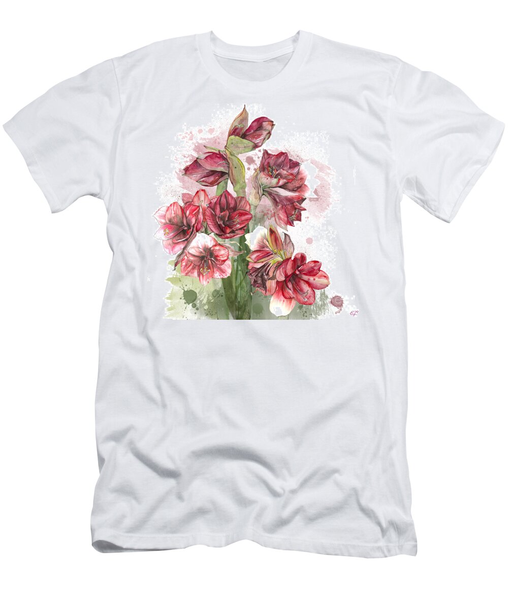 Amaryllis T-Shirt featuring the painting Amaryllis Flowers - 4. - Elena Yakubovich by Elena Daniel Yakubovich