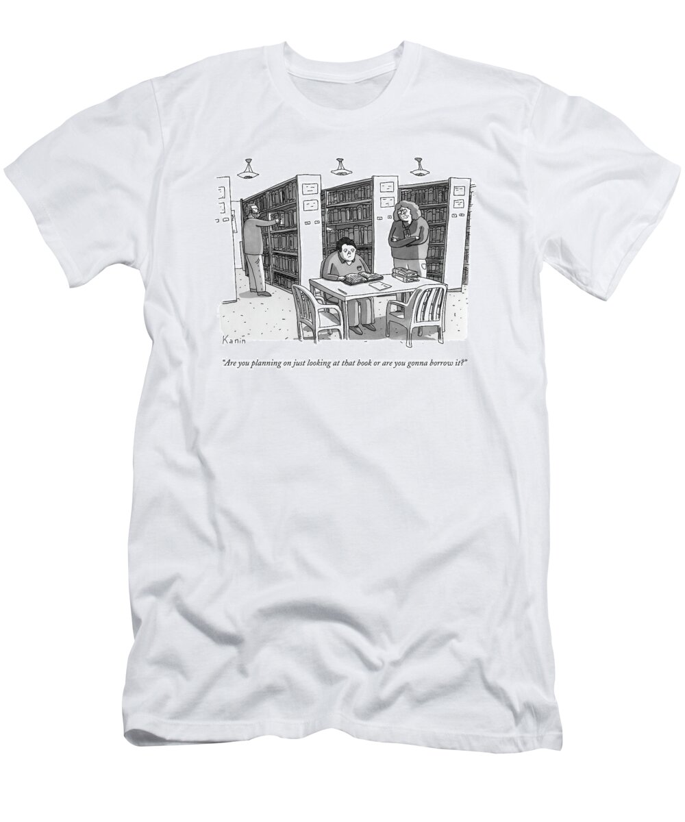 Libraries T-Shirt featuring the drawing An Aged Librarian Speaks To A Man Reading A Book by Zachary Kanin