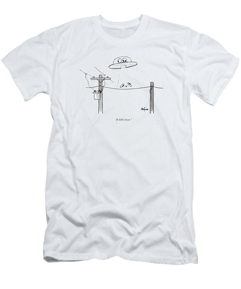 A Little Lower T-Shirt featuring the drawing An Alien Space Craft Lowers Two Sneakers Tied by Kaamran Hafeez