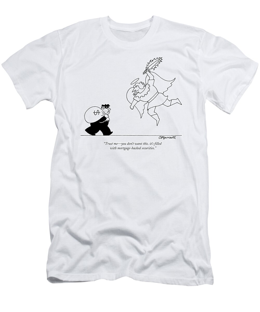 Captionless T-Shirt featuring the drawing An Angel Holding A Flaming Sword Approaches by Charles Barsotti