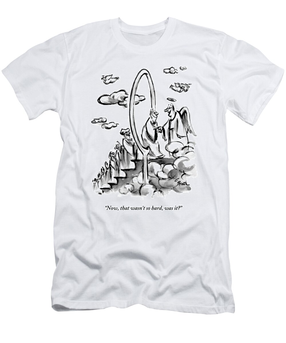 Heaven T-Shirt featuring the drawing An Angel Welcomes A Man Walking Through A Hoop by Lee Lorenz