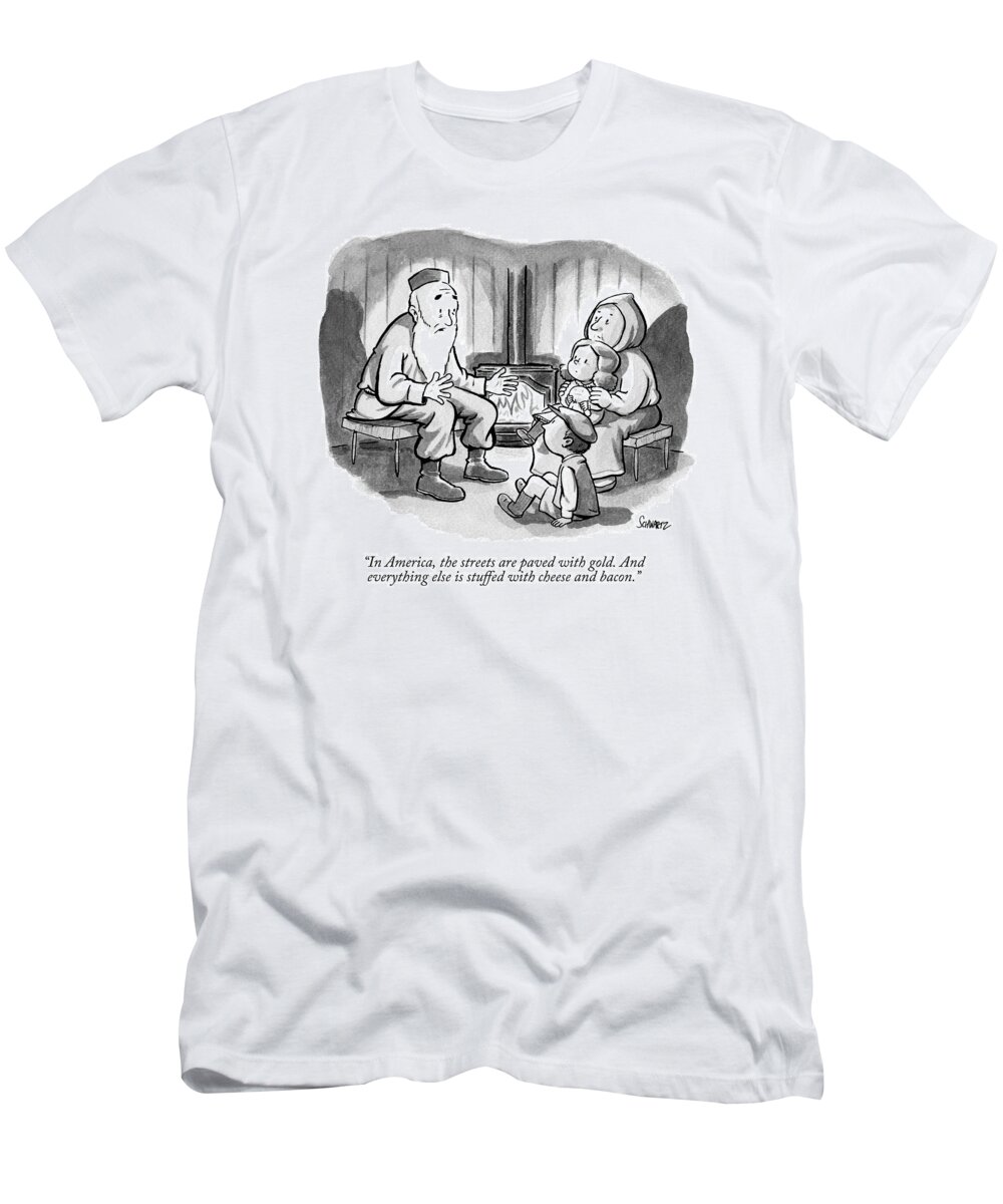 America T-Shirt featuring the drawing An Foreign Grandpa Speaks To His Family by Benjamin Schwartz