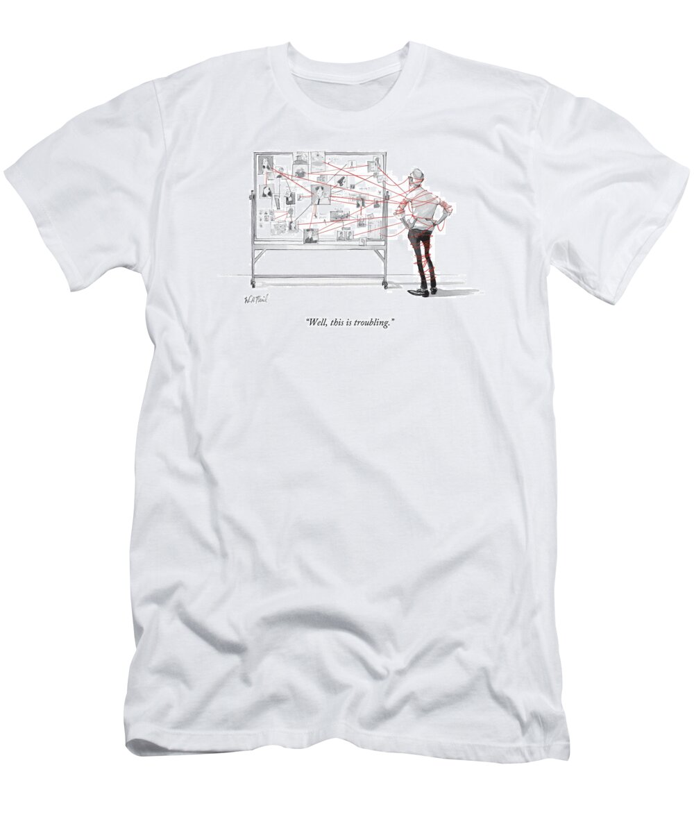 Corkboard T-Shirt featuring the drawing An Investigator Wrapped Up In The String by Will McPhail