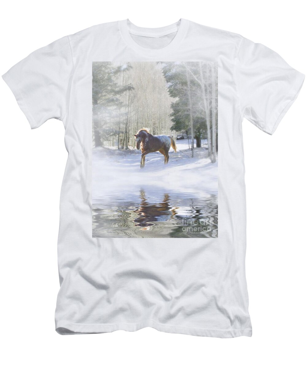 Winter T-Shirt featuring the photograph Winter Snow Horse and Reflection by Stephanie Laird