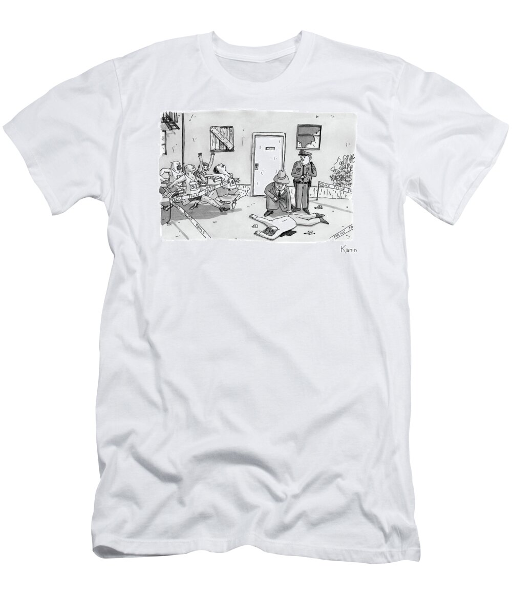 Police T-Shirt featuring the drawing As Police And A Detective Examine A Murder Scene by Zachary Kanin