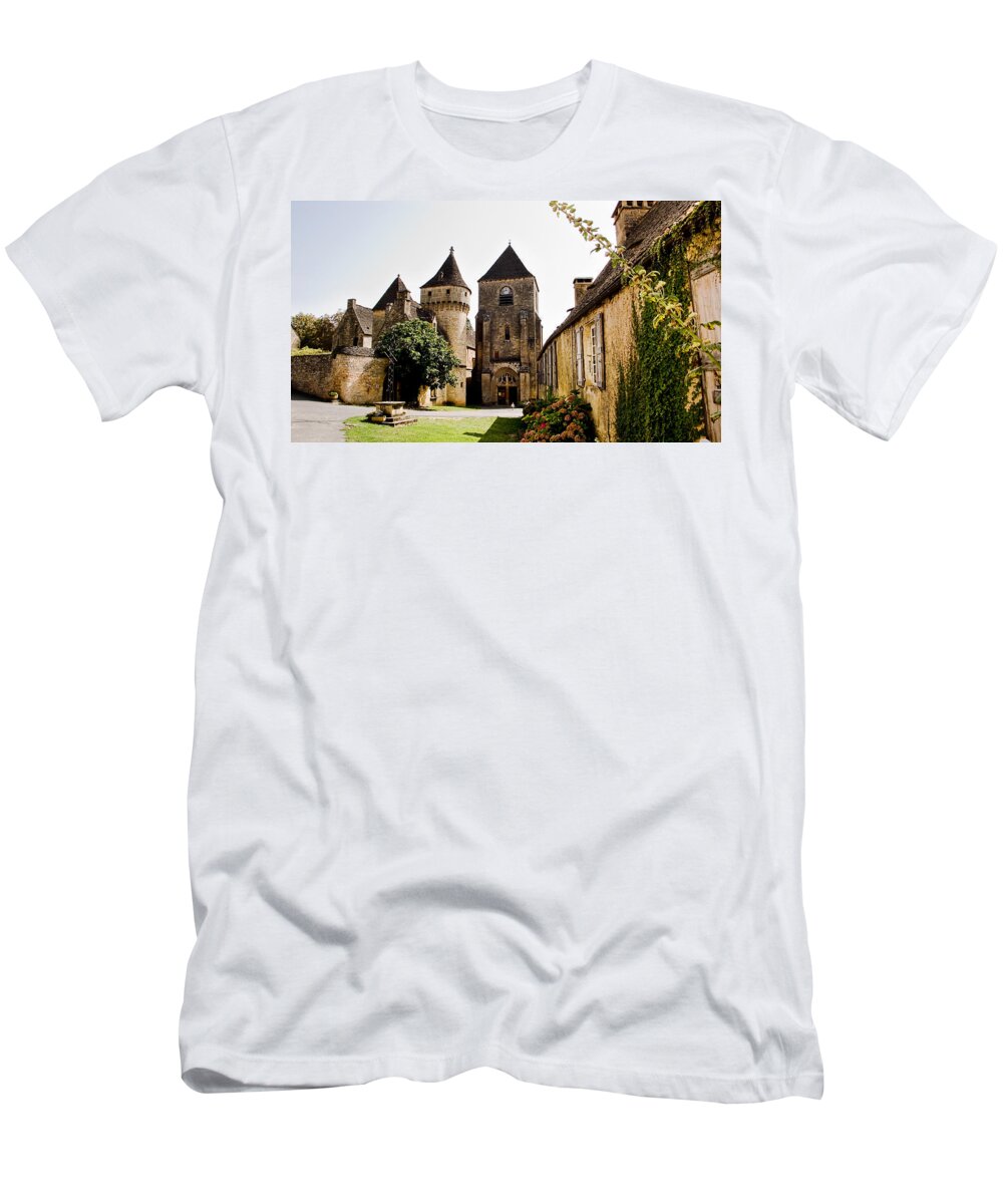 Saint Genies T-Shirt featuring the photograph Asymmetric Tower and church of Saint Genies Perigord by Weston Westmoreland