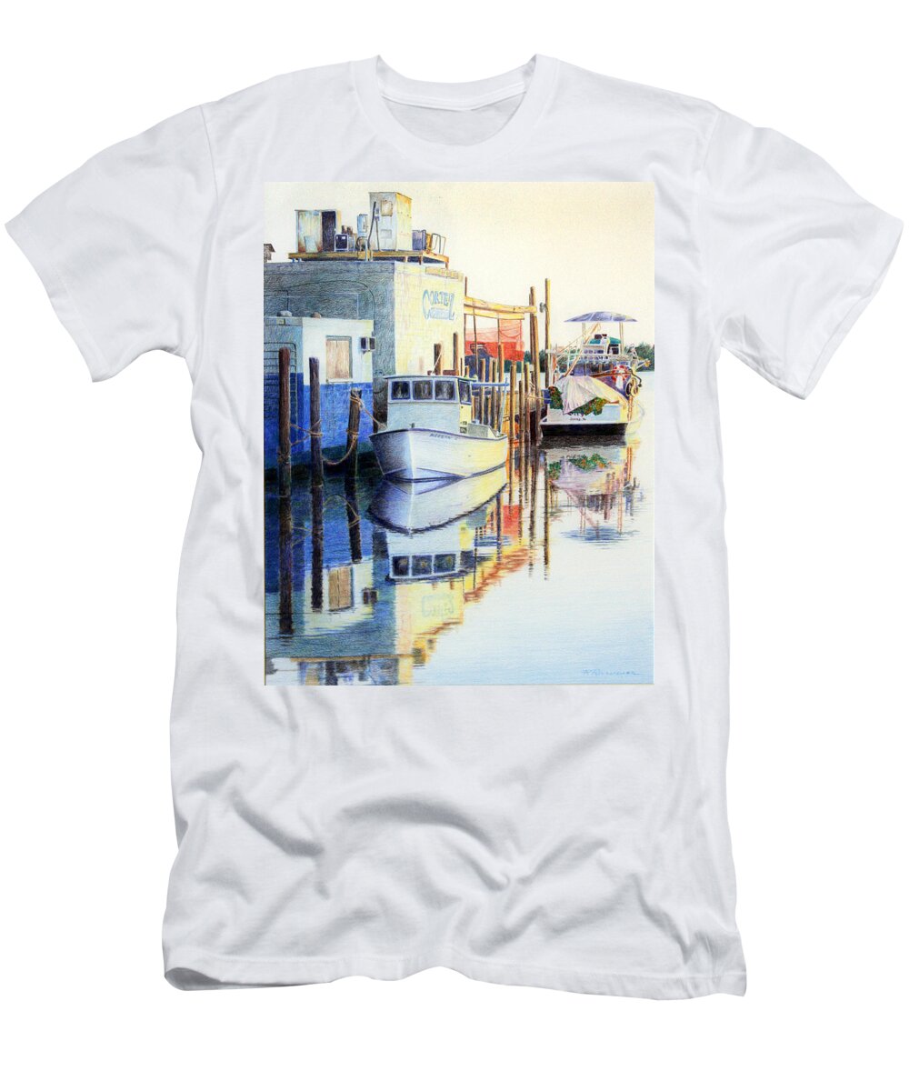 Seascape T-Shirt featuring the painting At Cortez Docks by Roger Rockefeller