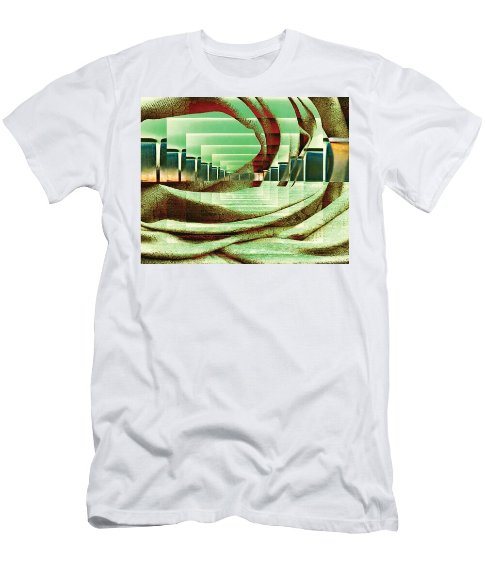 Abstract Rust Peach Green Blue Brown Horizontal Atrium Room Gallery Middle Future Futuristic Lines Curves Rectangles Slopes Public Architecture Modern Design Reflection Water Glass Interior Transparent Hallway Meeting T-Shirt featuring the digital art Atrium by Paula Ayers