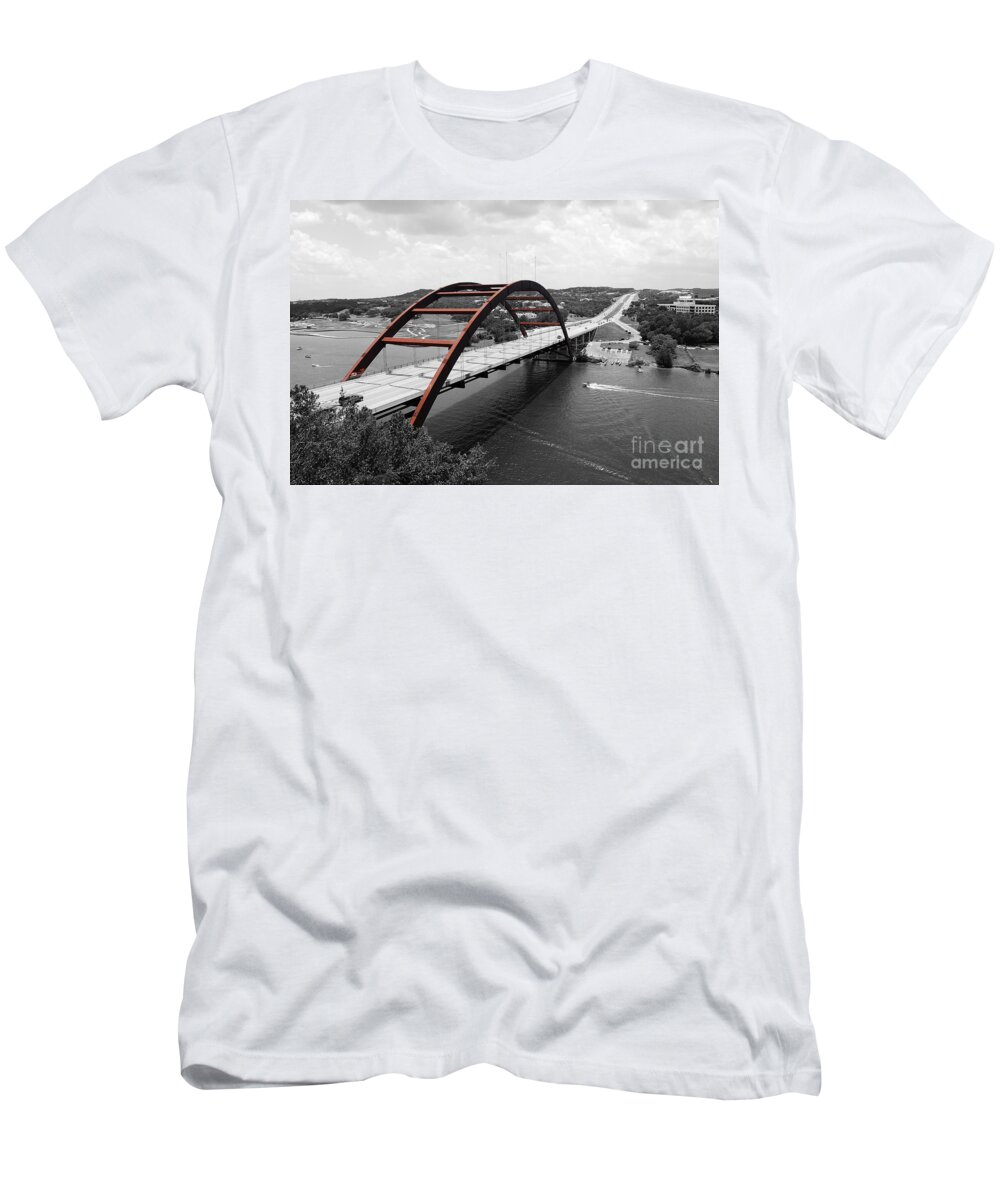 Pennybacker T-Shirt featuring the digital art Austin Texas Pennybacker 360 Bridge Color Splash Black and White by Shawn O'Brien