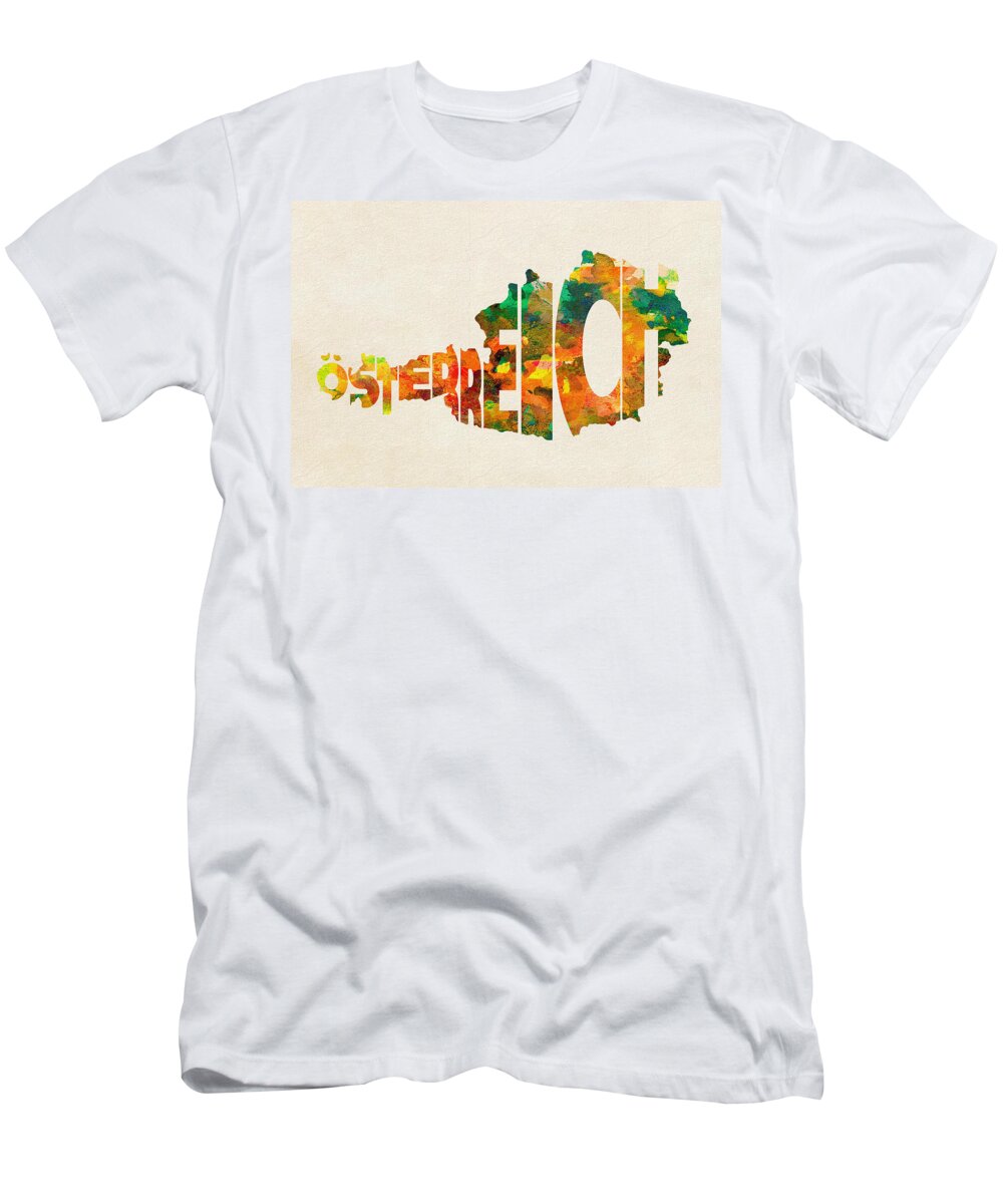 Austria T-Shirt featuring the painting Austria Typographic Watercolor Map by Inspirowl Design