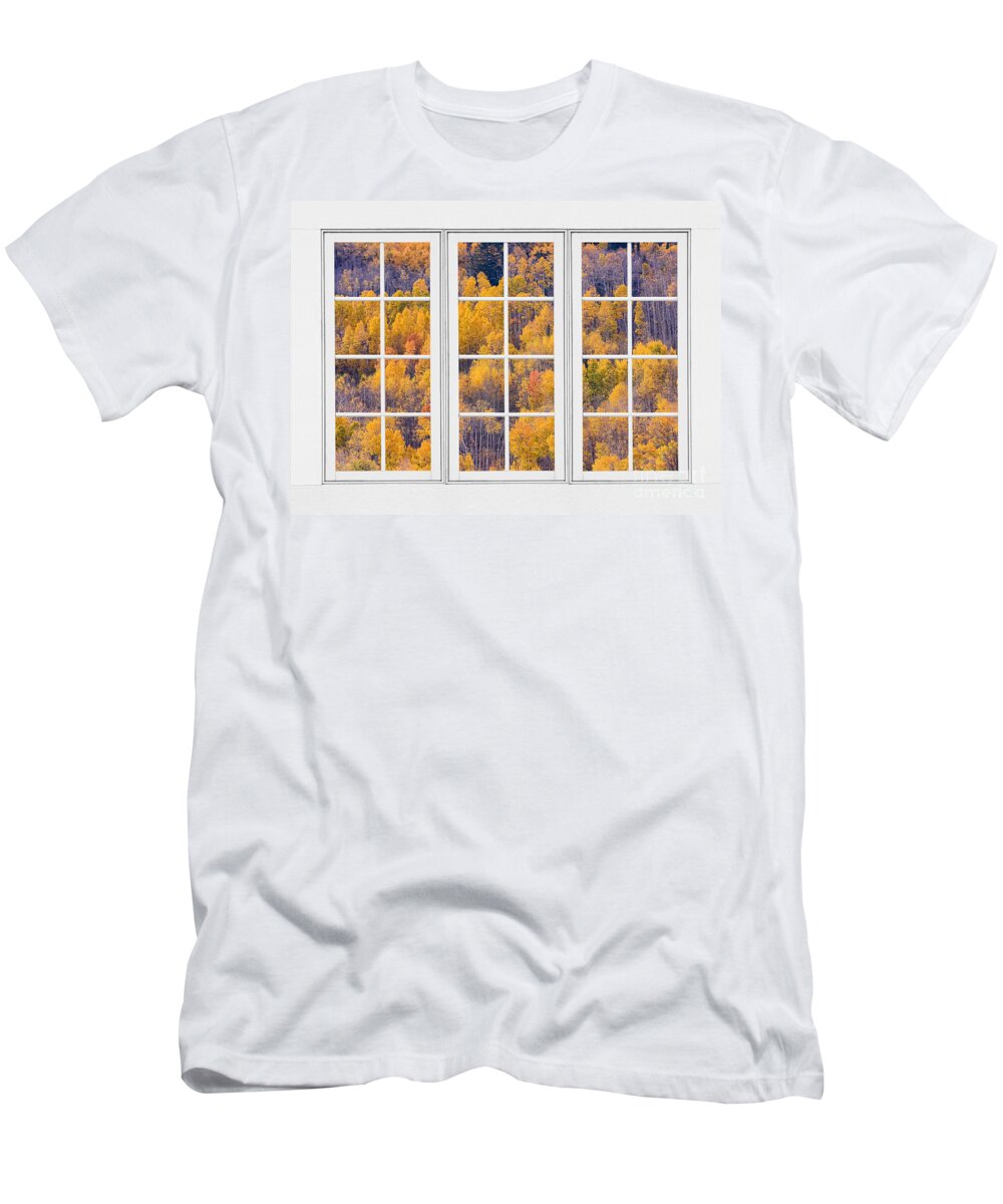 Aspen T-Shirt featuring the photograph Autumn Aspen Trees White Picture Window View by James BO Insogna