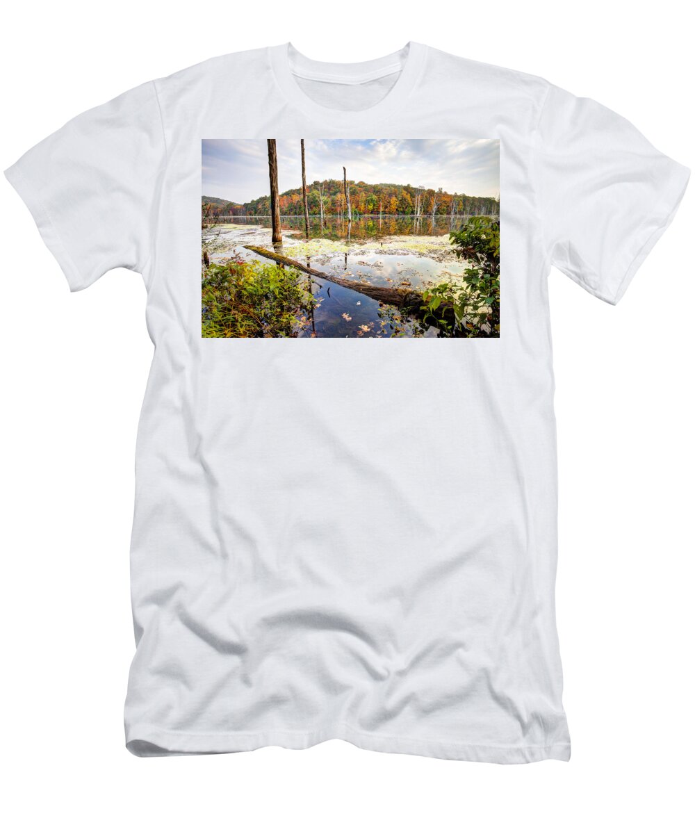 Monksville T-Shirt featuring the photograph Autumn on Monksville Reservoir - Long Pond Ironworks by Gary Heller