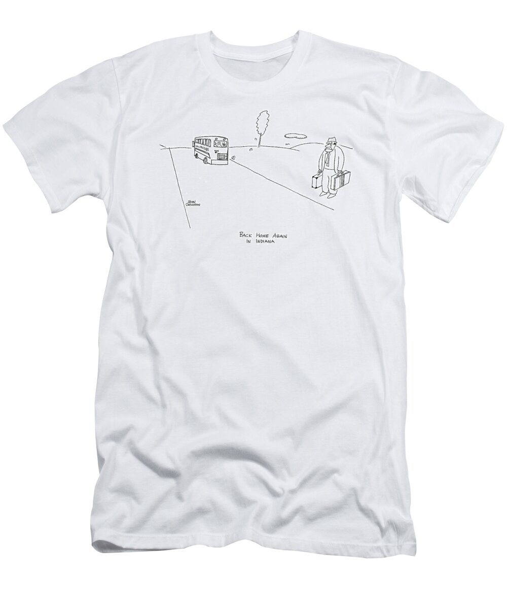 'back Home Again In Indiana'
(man Stands With Suitcases On Road That Is Deserted Except For The Bus He Just Got Off.)regional T-Shirt featuring the drawing 'back Home Again In Indiana' by John Corcoran