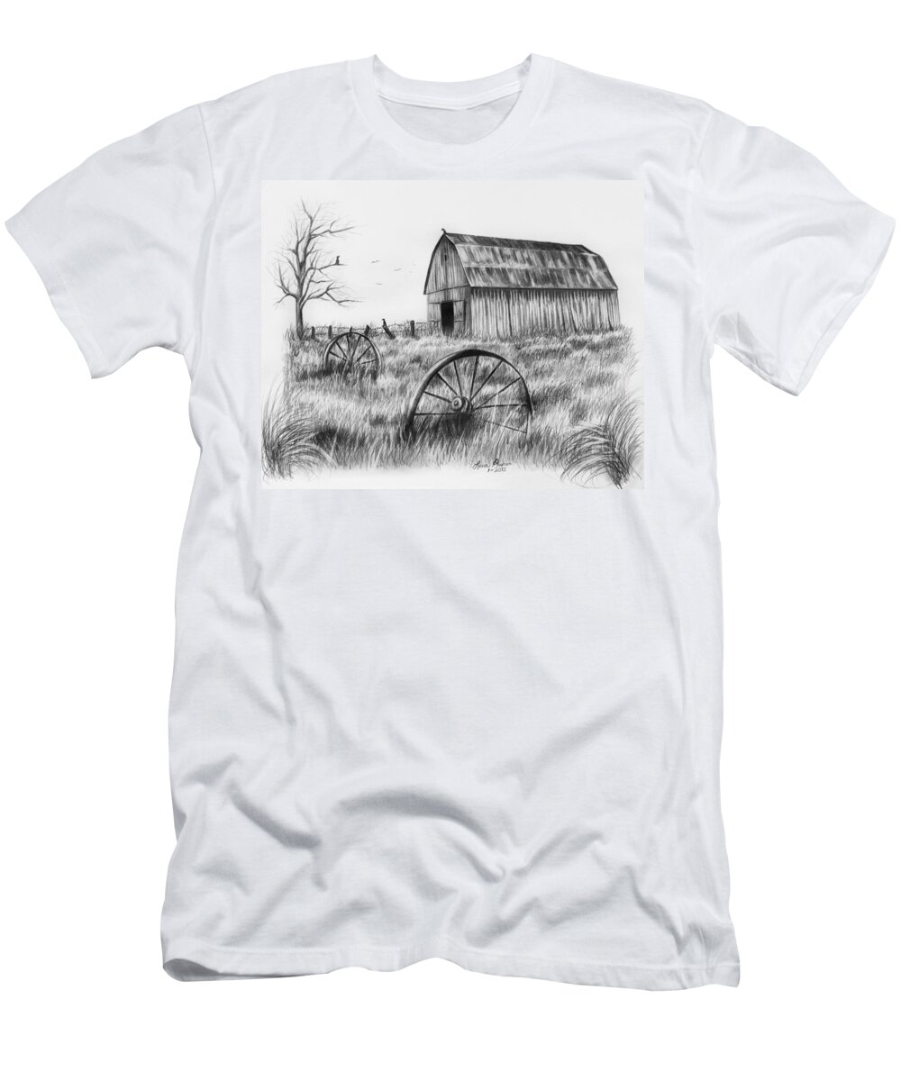 Pencil T-Shirt featuring the drawing Barn With Crows by Lena Auxier