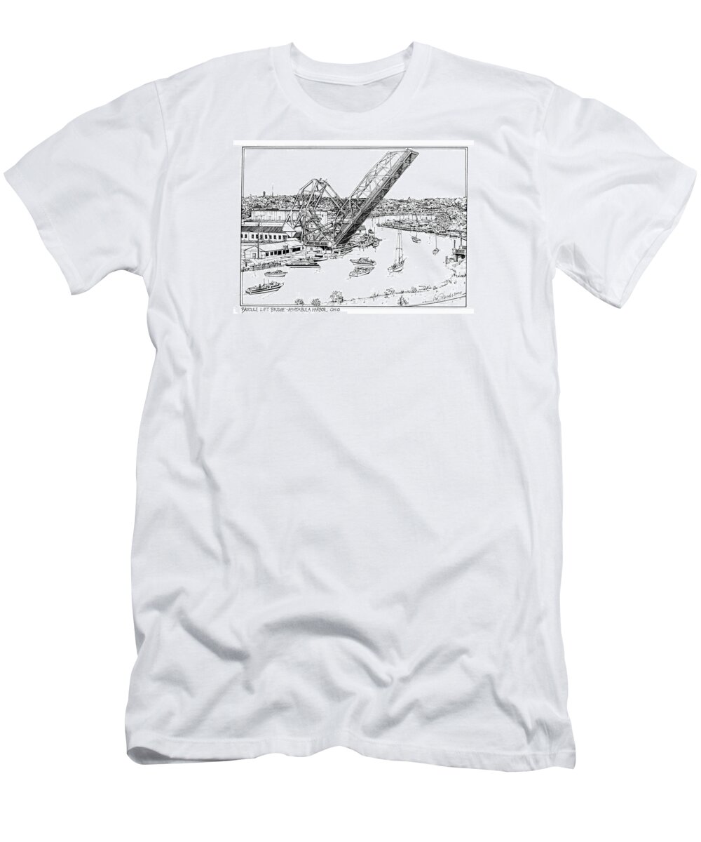 Ashtabula Harbor Ohio T-Shirt featuring the drawing Bascule Lift Bridge Ashtabula by Ira Shander