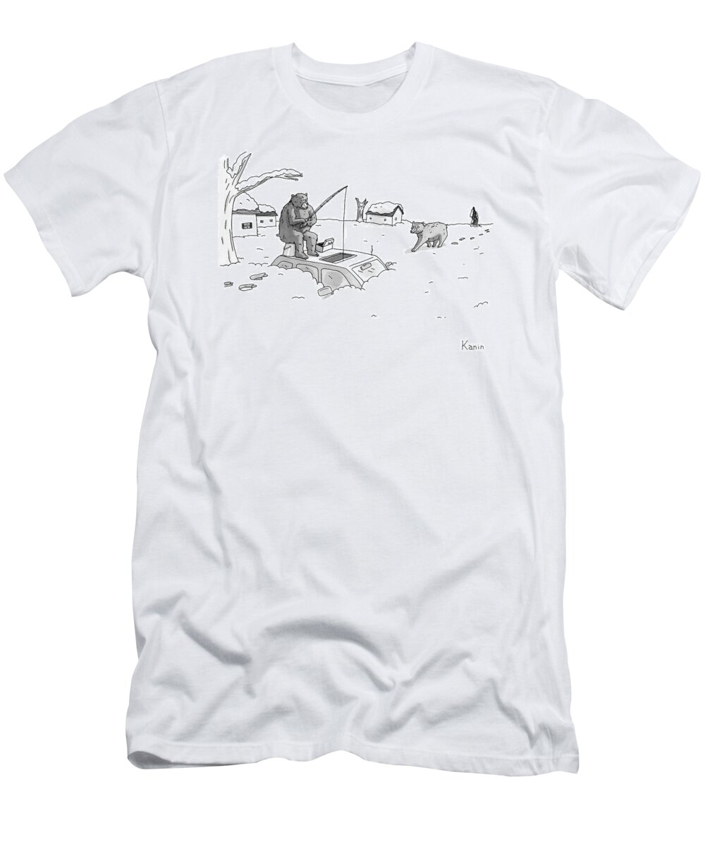 Bears T-Shirt featuring the drawing Bears Above The Snowstorm Fish For Humans Trapped by Zachary Kanin