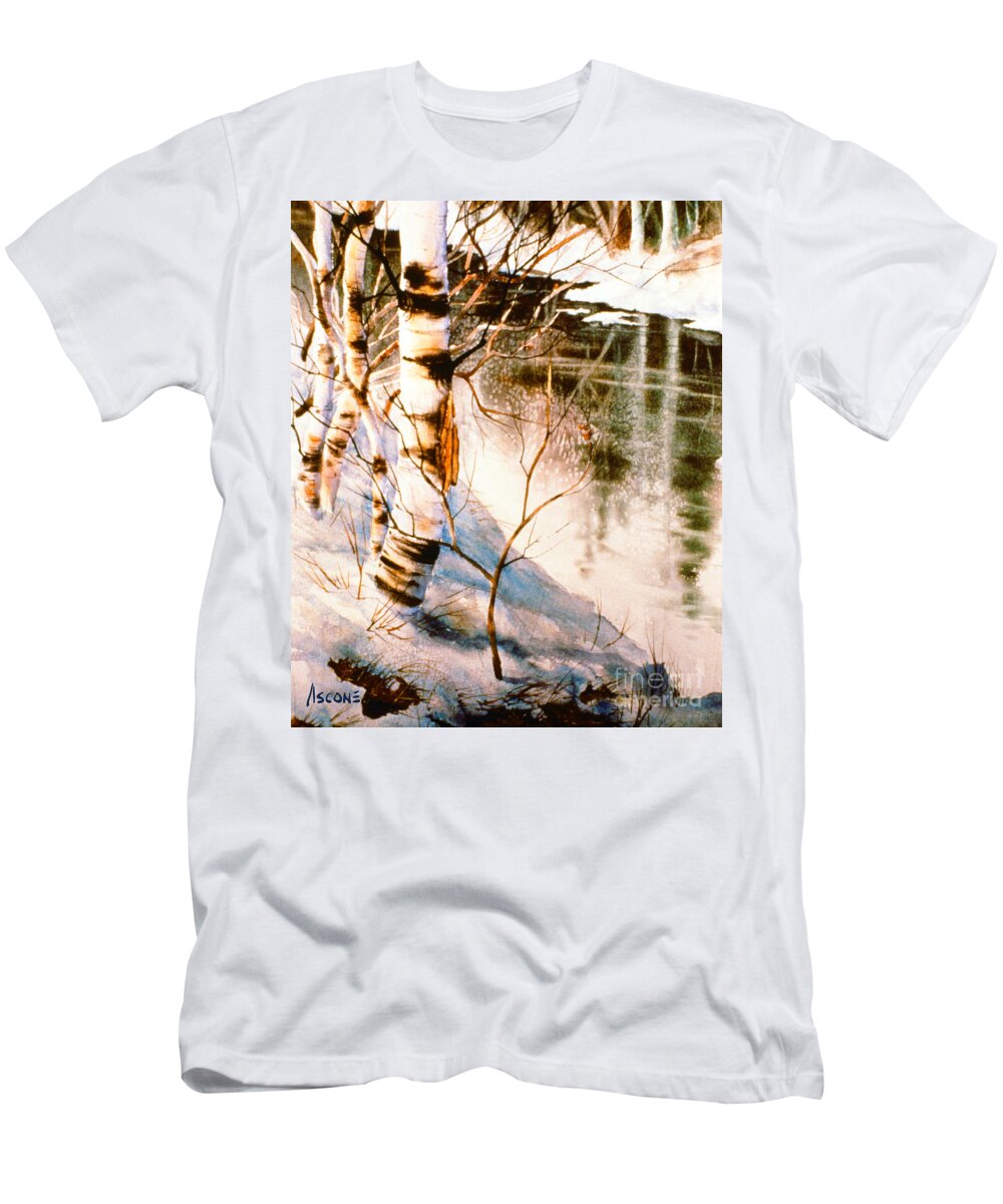 Birch By Stream T-Shirt featuring the painting Birch by Stream by Teresa Ascone