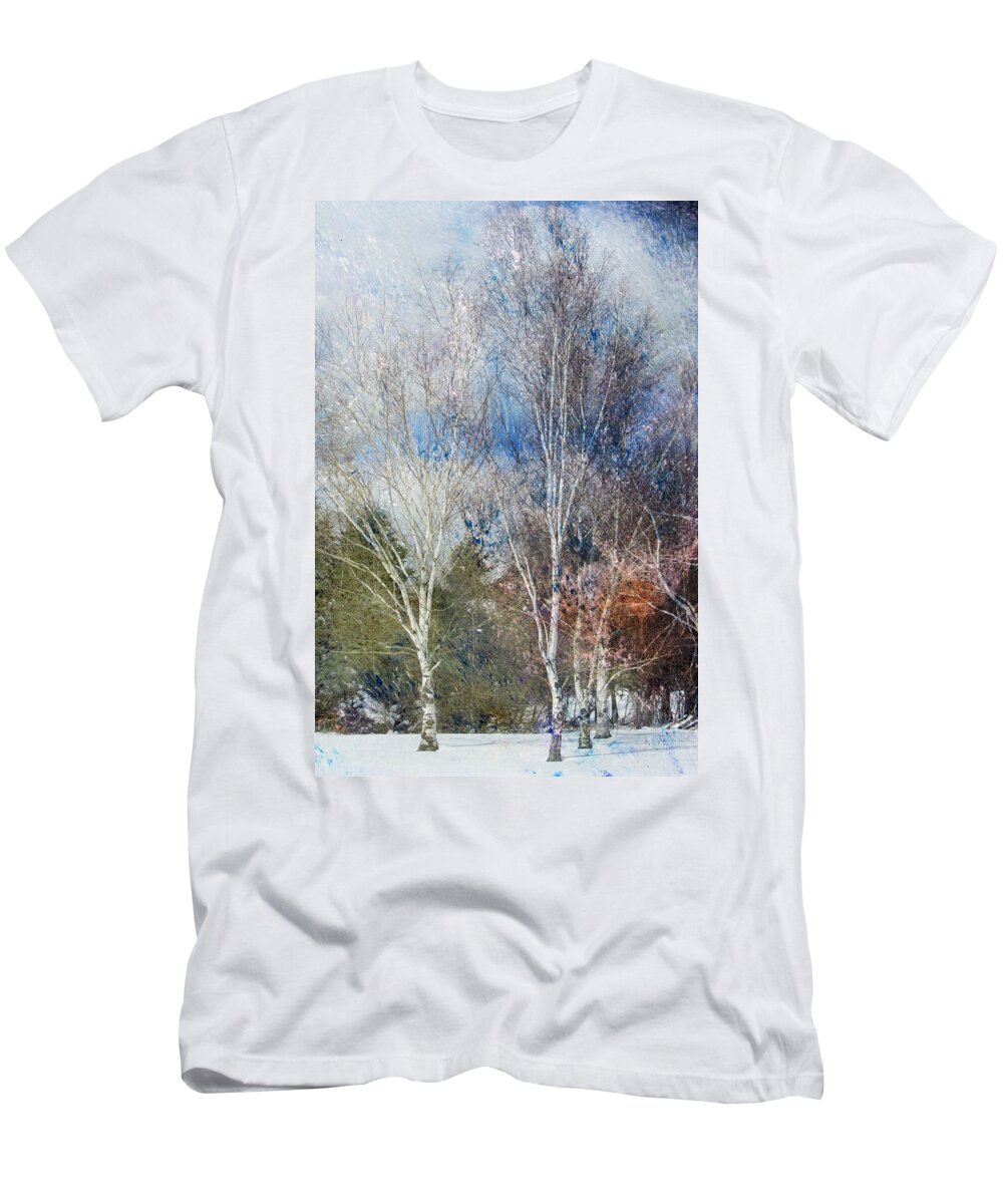 Birch T-Shirt featuring the digital art Birches Winter and Abstract Painting 1 by Anita Burgermeister