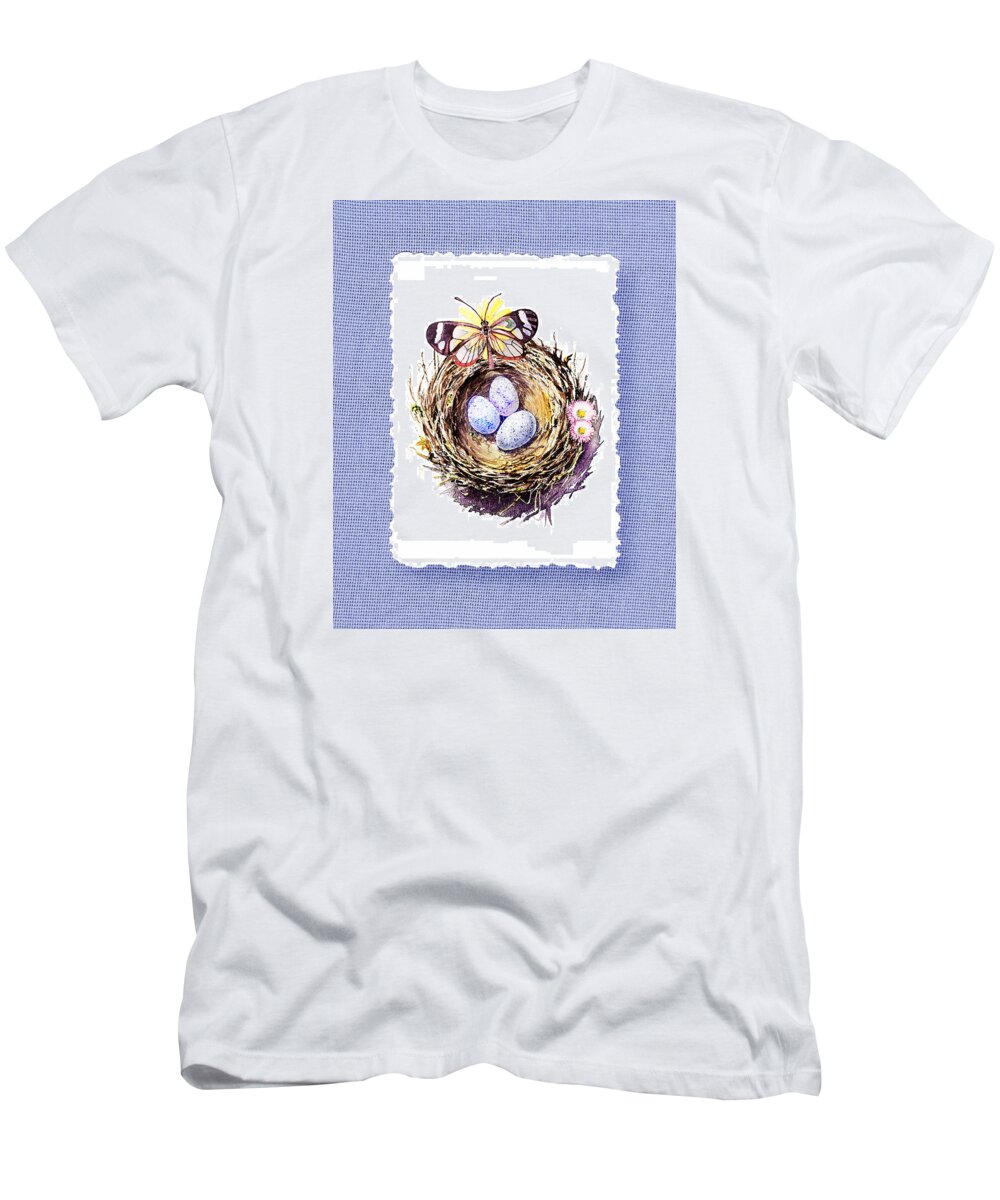 Bird Nest T-Shirt featuring the painting Bird Nest With Daisies Eggs And Butterfly by Irina Sztukowski