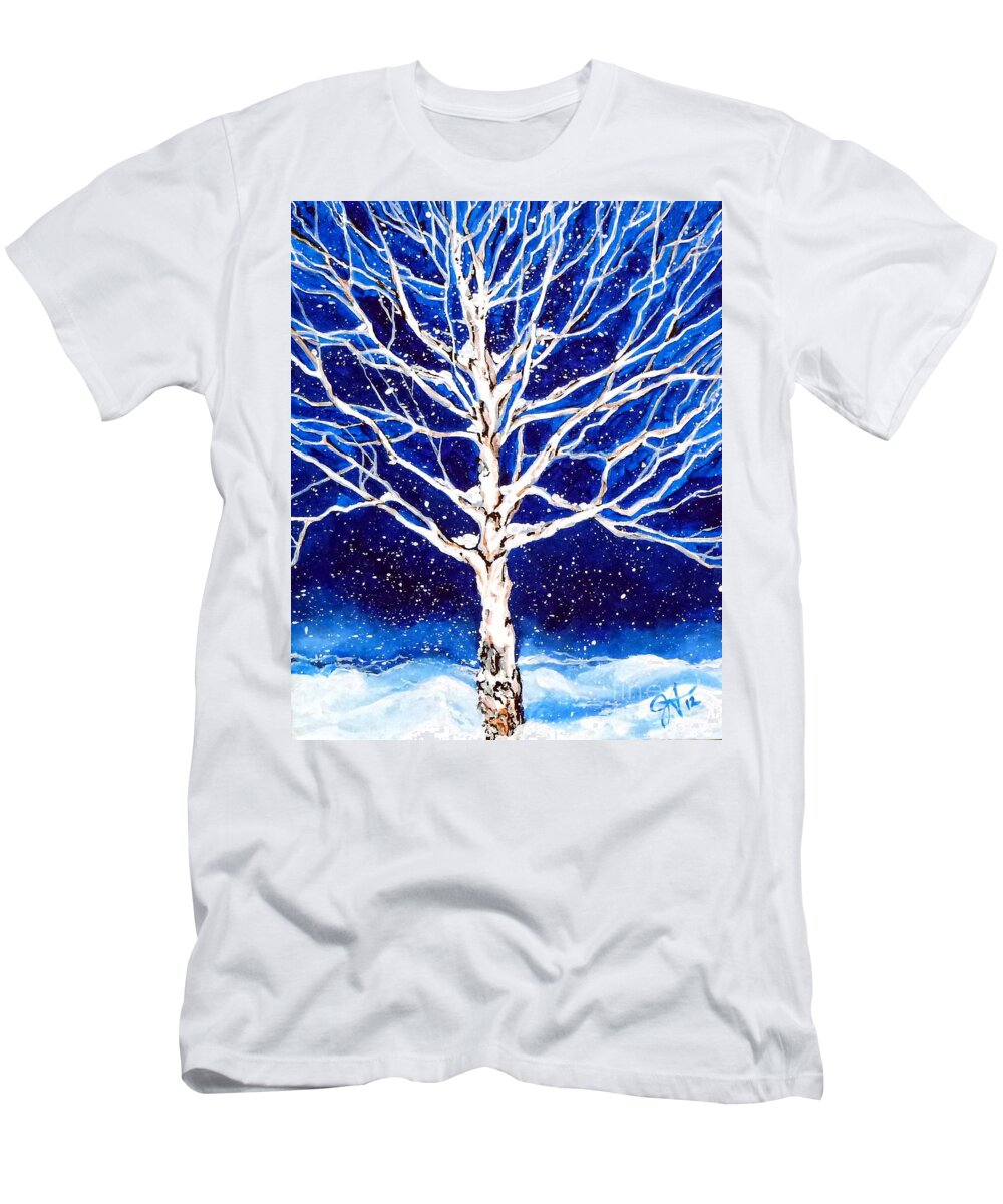 Landscape T-Shirt featuring the painting Blanket of Stillness Aspen Tree Winter Snow Snowing Jackie Carpenter by Jackie Carpenter
