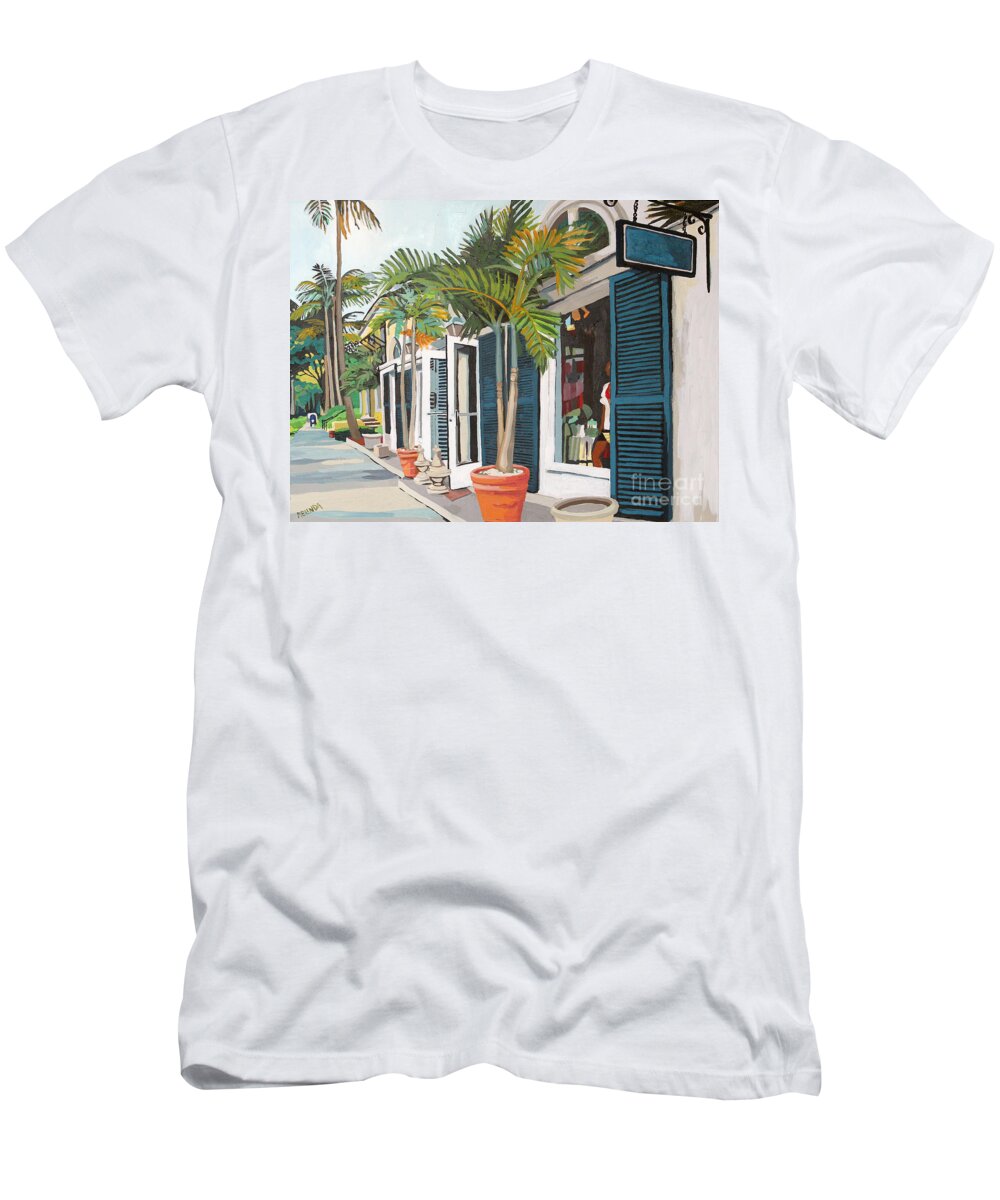 Cityscape T-Shirt featuring the painting Blue Shutters by Melinda Patrick